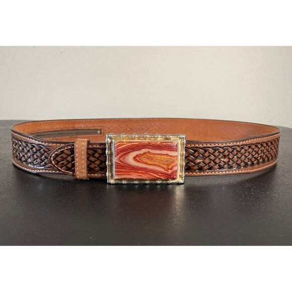 Textan Woven Brown Leather Belt Agate Rectangle Belt Buckle Bamboo Border Sz 36